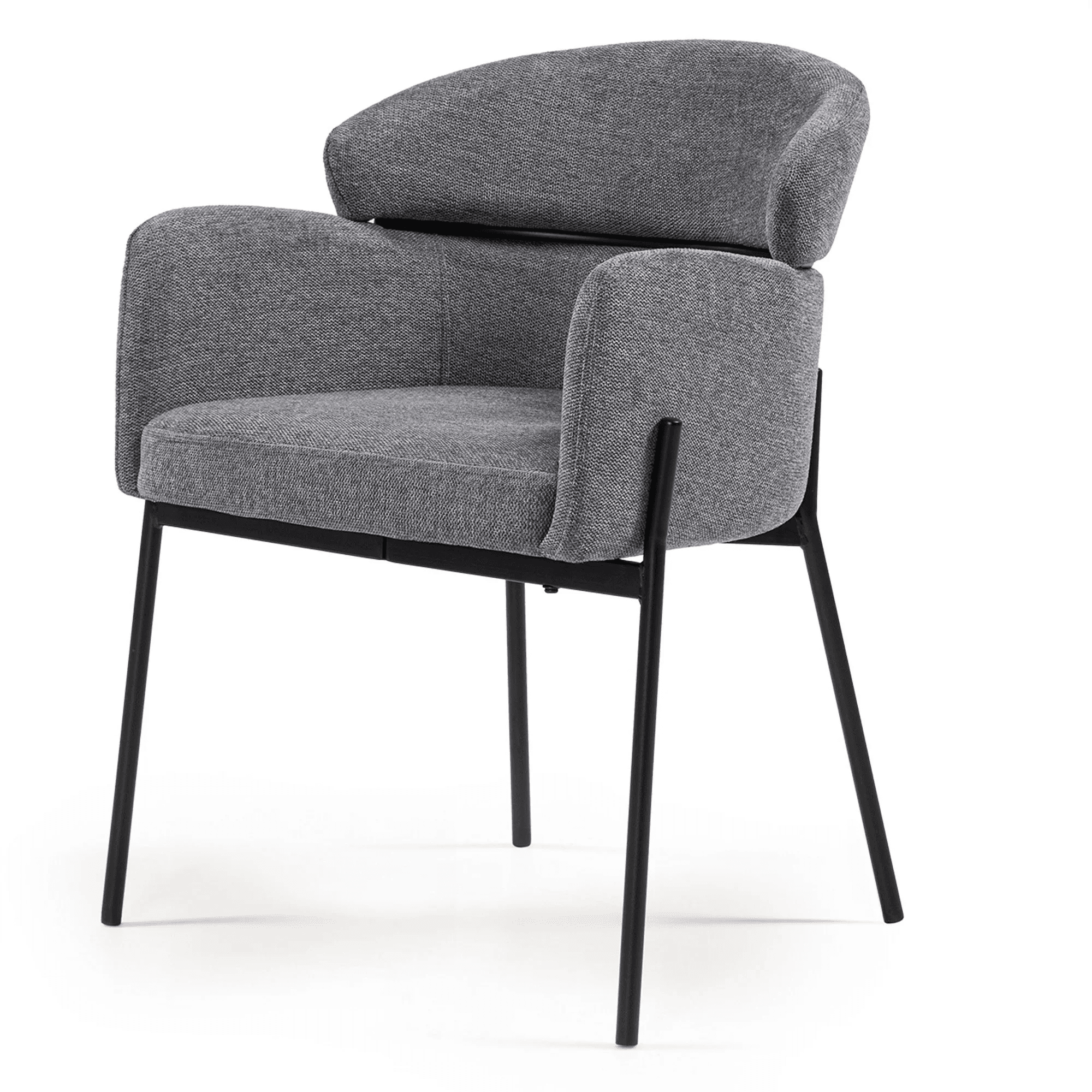 A modern accent chair featuring grey textured fabric upholstery, integrated armrests, a separate rounded back cushion, and slender black tubular metal legs. The design is minimalist and contemporary, offering a compact yet comfortable seating solution. — 3D model