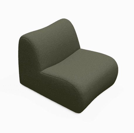 An armless lounge chair featuring a soft, organic, and minimalist design. It is upholstered in a textured boucle-like fabric in a dark olive green color, presenting a sculptural form with gentle curves and a low profile, designed for comfortable lounging. — 3D model
