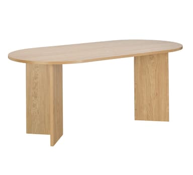 A modern dining table with an oval-shaped top and two solid, rectangular leg supports. The table is constructed from wood and exhibits a natural wood grain pattern. The legs are integrated directly into the tabletop structure, creating a minimalist design. — 3D model