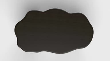 A coffee table with an organically shaped, irregular top and a base composed of multiple cylindrical legs. The tabletop has a dark, textured surface, possibly wood grain or a stone composite, with a smooth, rounded edge. The legs are a uniform rust-orange color and have a matte, possibly cork or textured composite finish. — 3D model