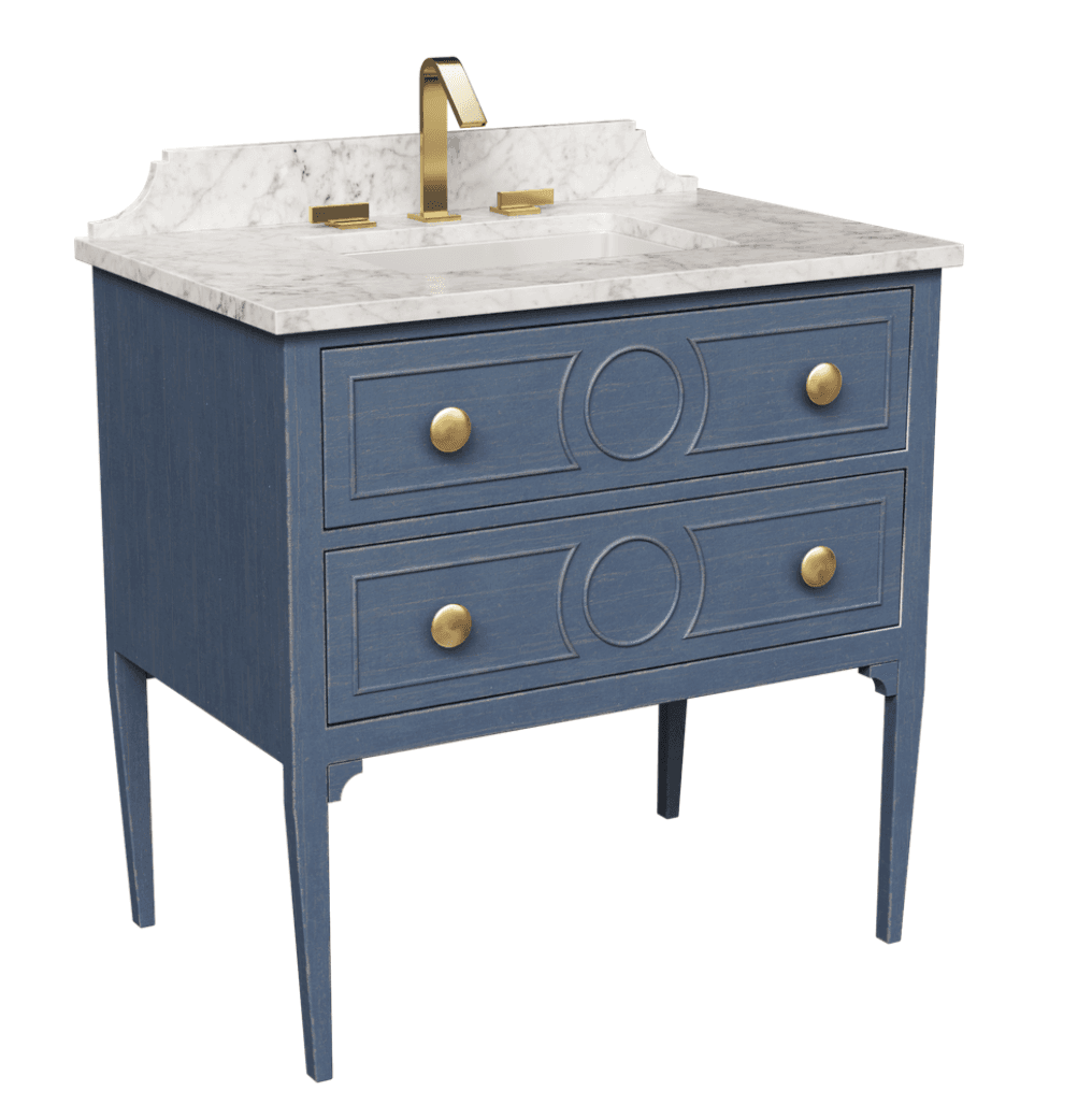 A freestanding vanity unit with a marble top and a blue cabinet. The cabinet features two drawers with circular decorative inlays and round brass knobs. The vanity has four tapered legs and a decorative backsplash. — 3D model