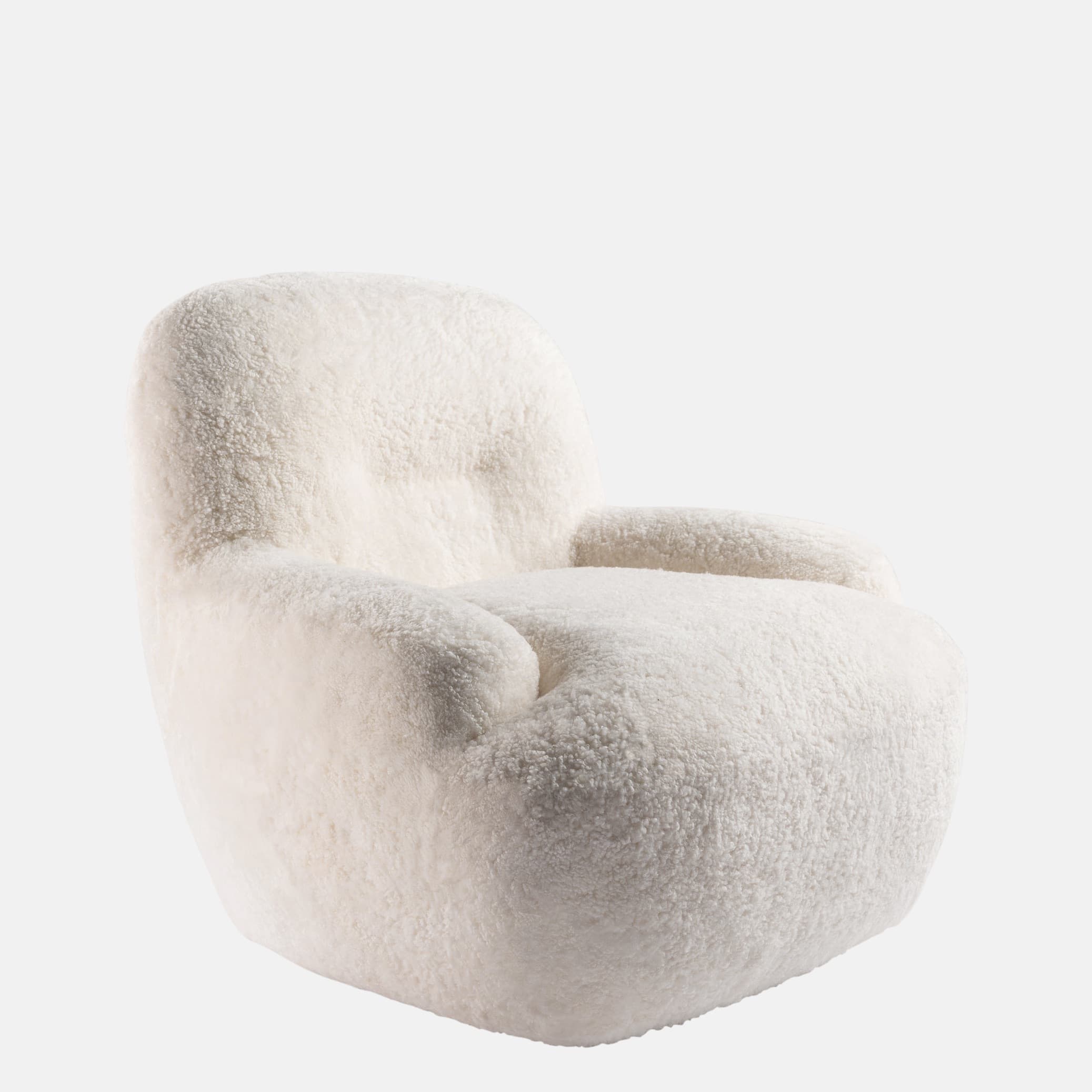 A plush, off-white upholstered lounge chair with a rounded, inviting silhouette, covered in a thick, textured material resembling sheepskin or boucle. — 3D model