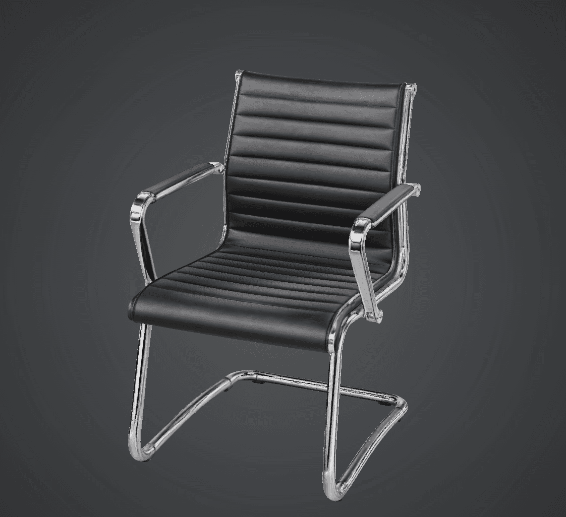 A modern armchair featuring black ribbed faux leather upholstery on both the seat and backrest, supported by a polished chrome-plated metal frame that forms a continuous sled base and integrated armrests. The design is sleek and minimalist, often seen in office or contemporary reception settings. — 3D model