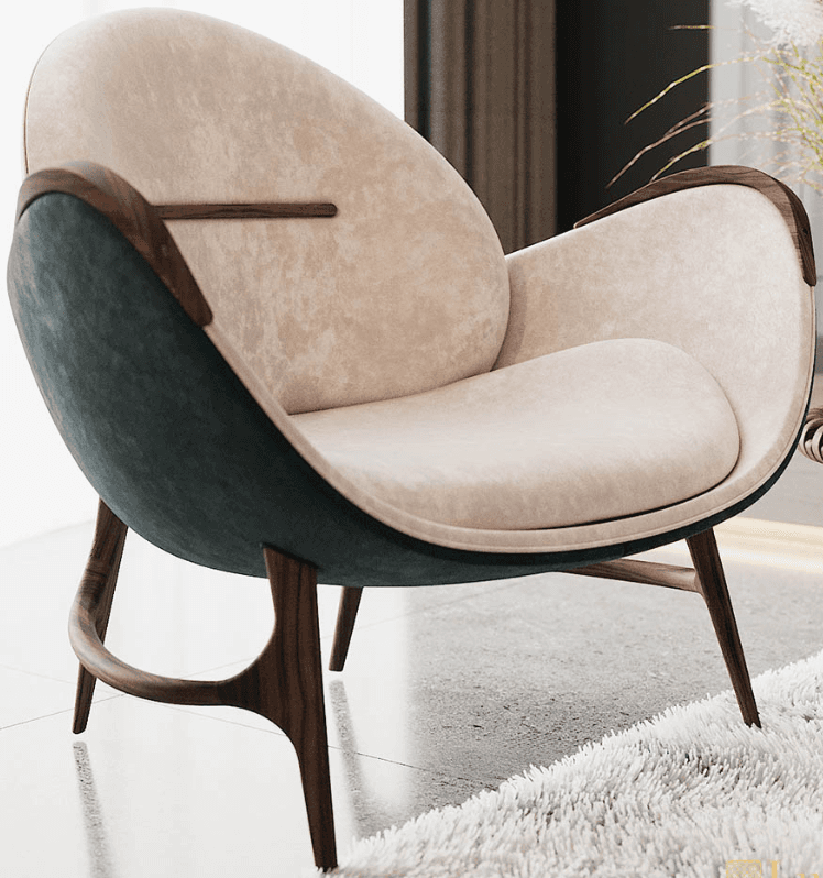 A modern armchair with a curved, organic silhouette. The chair features a high back that wraps around to form armrests. The exterior shell is upholstered in a dark teal fabric, contrasting with the light beige upholstered interior seating and backrest. The frame and legs are constructed from dark wood with a visible grain, exhibiting a sleek, minimalist design. — 3D model