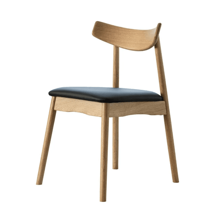 A contemporary dining chair featuring a light-toned oak wood frame and a black upholstered seat. The chair has an armless design with a gently curved, single-piece wooden backrest for support. Its legs are tapered and round, contributing to a clean and minimalist aesthetic. — 3D model