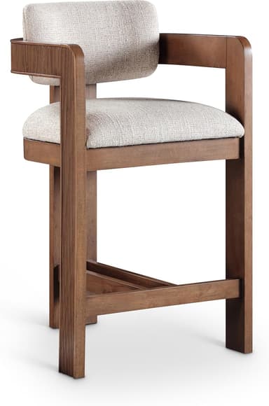 A contemporary counter stool featuring a medium brown wooden frame with integrated armrests, a rectangular upholstered backrest, and a padded upholstered seat. A wooden footrest is integrated into the front support structure. — 3D model