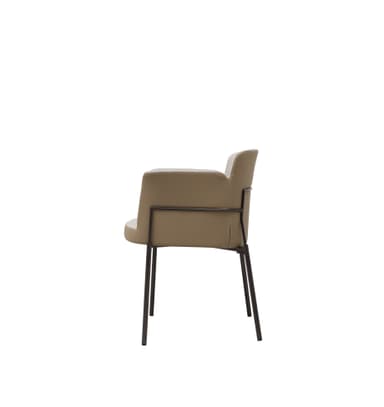 A contemporary armchair featuring a two-toned upholstered shell with a light grey/beige woven fabric on the interior and a contrasting brown/taupe faux leather on the exterior, accented with white stitching. It rests on a slender, straight black metal frame with four legs. The design incorporates integrated, gently curved armrests. — 3D model