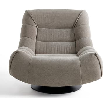 A modern armchair with a low profile and a unique curved silhouette. The armchair features deep tufting across the seat and back, creating a series of upholstered panels. It is supported by a flat, circular swivel base in a matte black finish. The overall design suggests comfort and contemporary aesthetics. — 3D model
