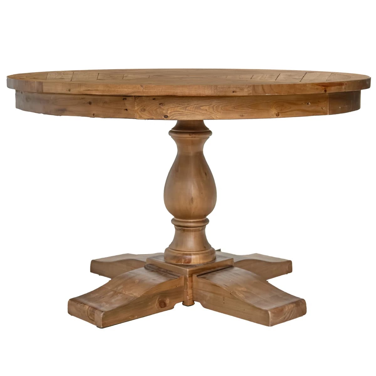 A round wooden dining table with a pedestal base. The tabletop is constructed from planks with visible grain and joins. The pedestal has a turned, bulbous design, and it rests on a four-leg base with splayed feet. — 3D model