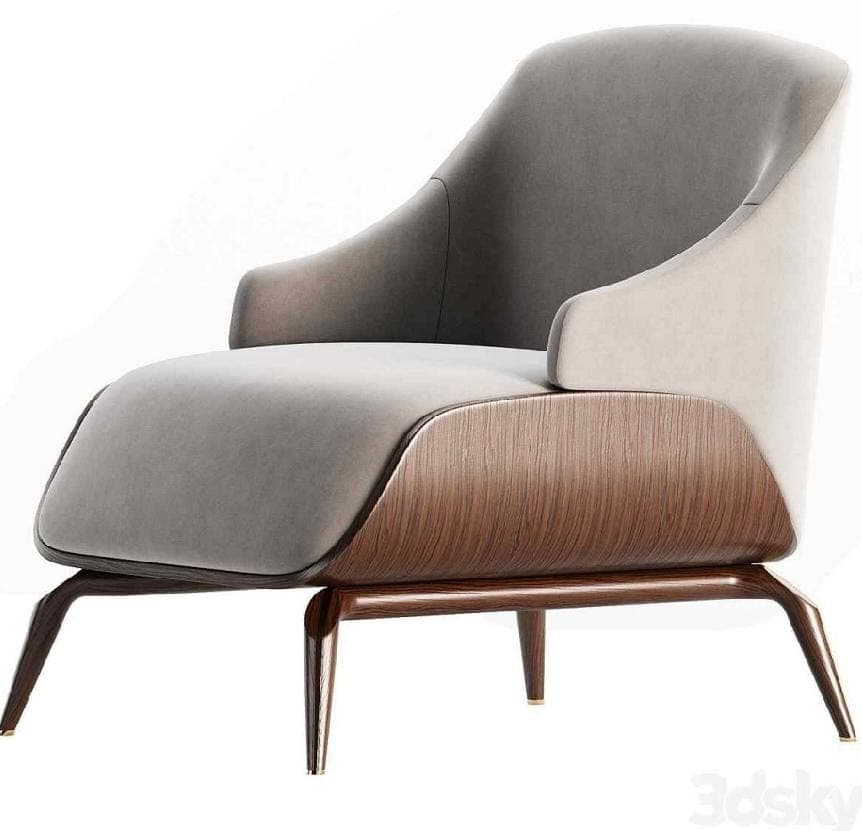 A contemporary lounge armchair featuring a curved wooden base that frames the lower part of the upholstered seat. The chair has a plush, two-tone fabric upholstery in shades of grey and beige, offering a comfortable and stylish seating experience. The dark wooden legs splay outwards and are tipped with metallic accents. — 3D model
