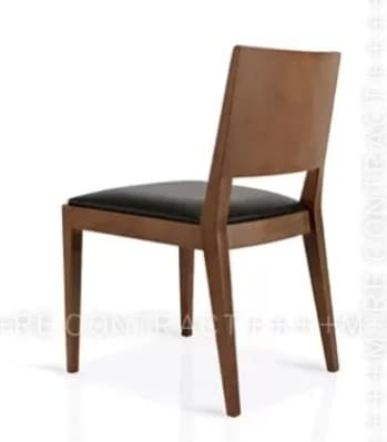 A side view of a wooden dining chair with a black upholstered seat and a solid backrest. The chair features clean lines and a minimalist design, with tapered legs and a slightly curved back. — 3D model