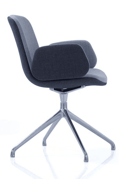 A modern armchair with a vibrant lime green upholstered seat, backrest, and armrests. The chair features a swivel base with four metallic legs, providing stability and mobility. The design is contemporary, with clean lines and a rounded silhouette for the seating area and armrests. — 3D model