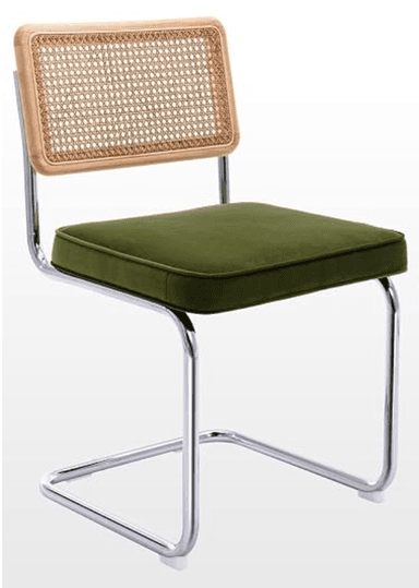 A modern cantilever dining chair featuring a polished chrome tubular frame, a rectangular backrest with a natural wood frame and woven cane panel, and an olive green upholstered seat cushion. — 3D model