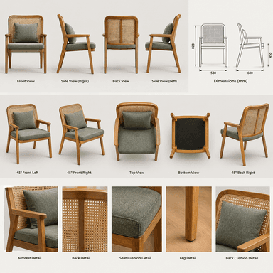 A contemporary armchair featuring a light wood frame, a caned backrest, and an upholstered seat cushion with a matching loose back pillow, all in a neutral color palette. — 3D model