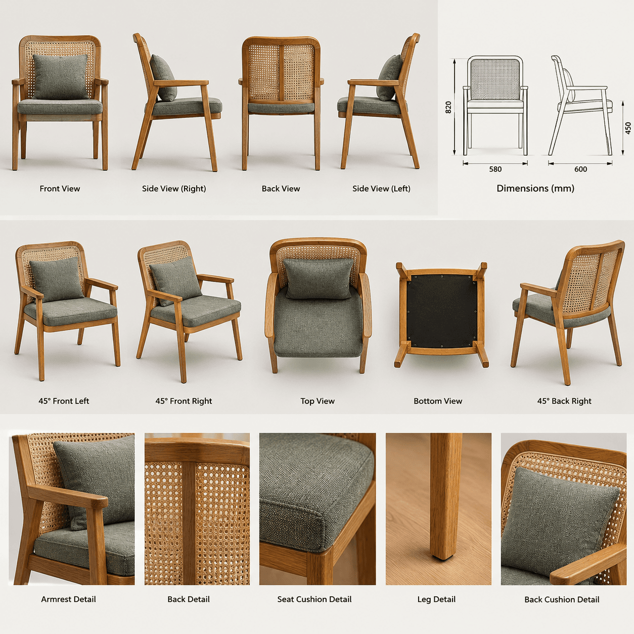 A contemporary armchair featuring a light wood frame, a caned backrest, and an upholstered seat cushion with a matching loose back pillow, all in a neutral color palette. — 3D model