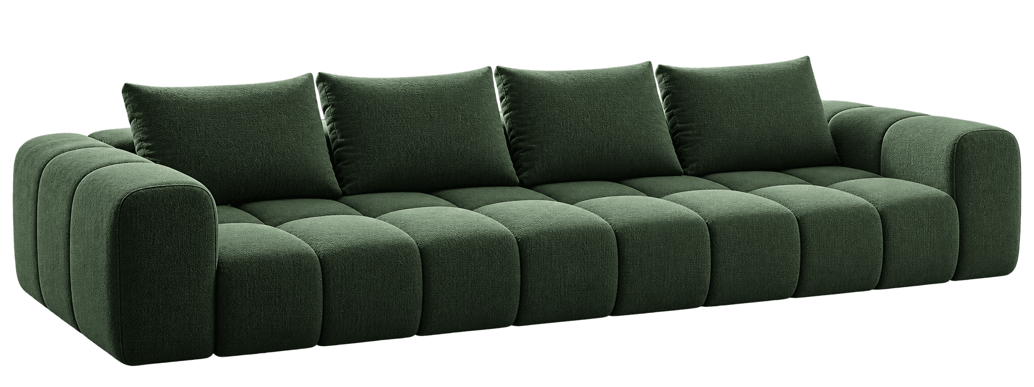 A contemporary deep green sofa featuring a distinctive channel-tufted design across its seat, back, and arms, giving it a plush, segmented appearance, and including three loose back cushions. — 3D model