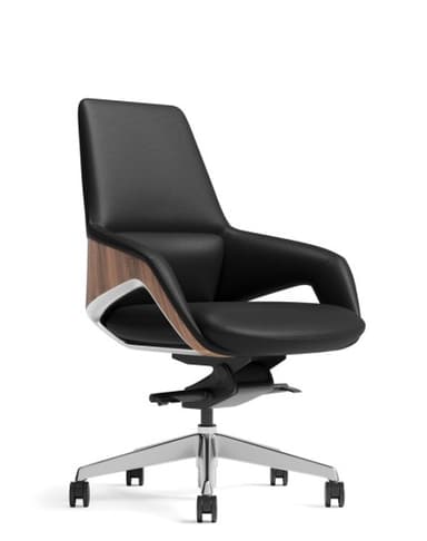 A modern office chair featuring a contoured black upholstered seat and back, encased in a curved wooden veneer shell with a white trim. It sits on a polished five-star metal base with casters for mobility and has height adjustment and swivel functionality. — 3D model