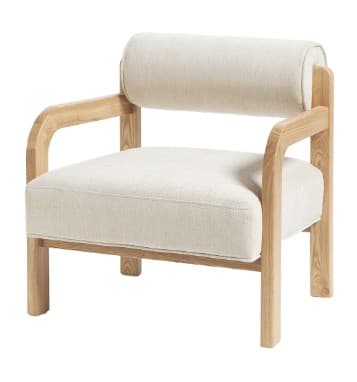 A contemporary lounge chair featuring a sturdy, light-toned wooden frame and thick, upholstered cushions for the seat and backrest. The design includes integrated wooden armrests and a distinctive cylindrical bolster cushion for the upper backrest, all covered in a light, textured fabric. — 3D model