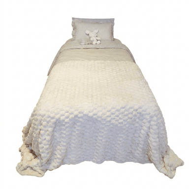 A fully made twin-sized bed featuring layered bedding in neutral tones. The bed includes pillows with ruffled edges, striped sheets, a plain beige duvet or comforter, and is topped with a thick, textured cream-colored blanket with a bobble or pom-pom surface. A small stuffed animal rests on the pillows. The bed frame is minimally visible, appearing to be a simple, low-profile design with a hint of a light pink base. — 3D model