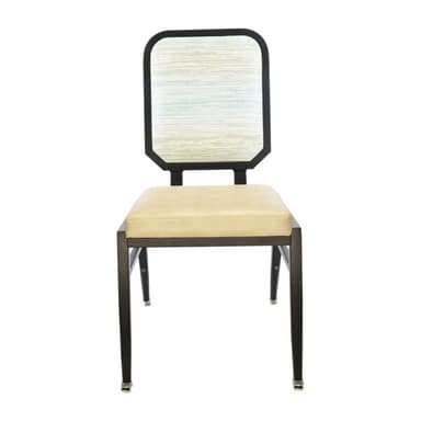 A contemporary metal banquet chair featuring a dark-colored metal frame with upholstered seat and backrest. The seat is a solid light beige color, while the backrest features a light patterned fabric with subtle blue and green tones. The legs are tapered and equipped with glides. — 3D model