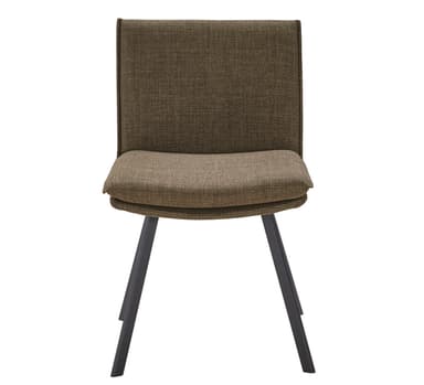 A contemporary dining chair upholstered in a textured brown fabric. The chair features a slightly curved backrest with a subtle vertical seam detail. The seat appears to be padded, and the overall design is sleek and modern. It is supported by four slender, dark-colored legs that taper slightly towards the floor. — 3D model