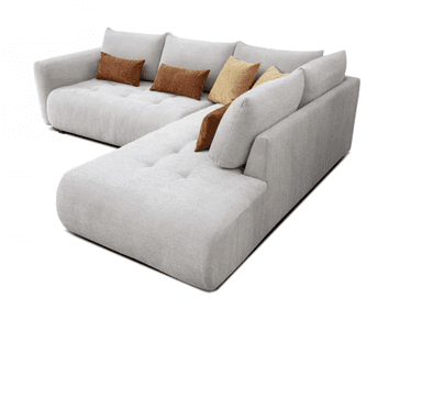 A contemporary L-shaped sectional sofa upholstered in a light grey fabric, featuring a deep seat with button tufting. The sofa includes multiple back cushions and is accented with several decorative throw pillows in shades of brown and yellow. It has wide, low-profile arms and an integrated chaise lounge section, presenting a soft and inviting aesthetic. — 3D model