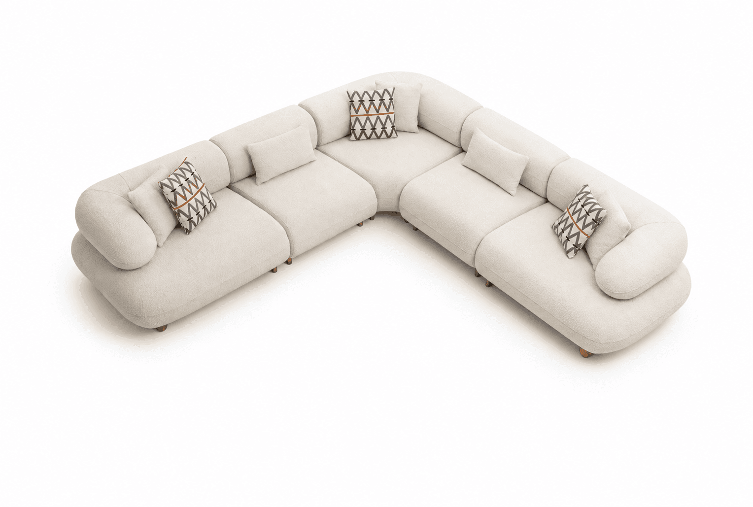 A cream-colored, modular sectional sofa with rounded edges and a low profile, arranged in an L-shape, accompanied by matching and patterned throw pillows. — 3D model
