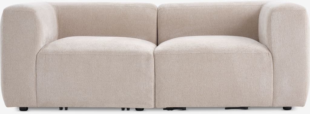 A two-seater sofa composed of two modular sections, upholstered in a textured, light beige fabric. The sofa features rounded armrests and a gently curved backrest. The base is supported by discreet black legs. — 3D model
