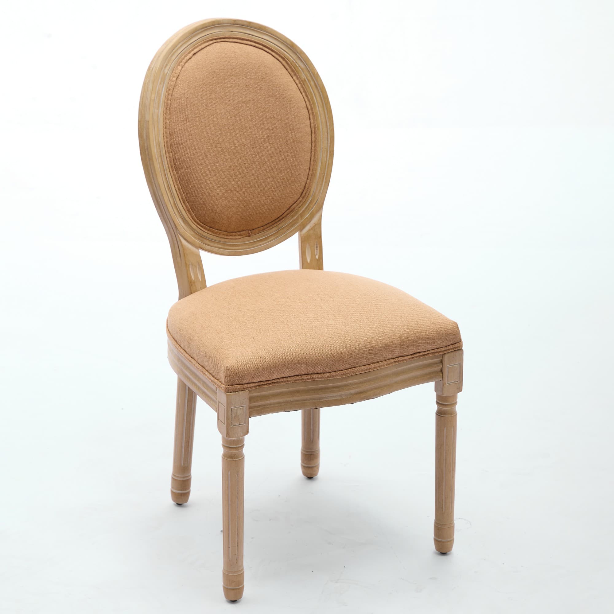 A light-toned wooden chair featuring an oval upholstered backrest and a rectangular upholstered seat. The exposed wood frame has carved details, and the legs are turned and fluted. — 3D model