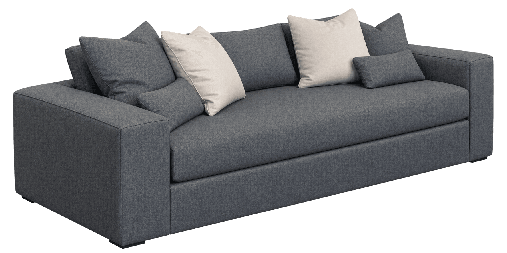 This is a contemporary, deep-seated sofa upholstered in a dark gray textured fabric. It features clean lines, track arms, and a low-profile base. The seating consists of two large, wide seat cushions, while the back is supported by multiple loose, oversized back cushions. The sofa is accessorized with several additional throw pillows, some matching the sofa's dark gray upholstery and others in a contrasting off-white or cream color. The overall design emphasizes comfort and a modern aesthetic. — 3D model