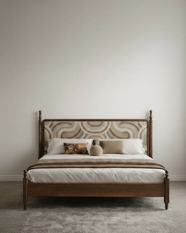 A modern wooden bed frame featuring an upholstered headboard with a distinctive curvilinear pattern in neutral tones and four turned wooden posts. — 3D model