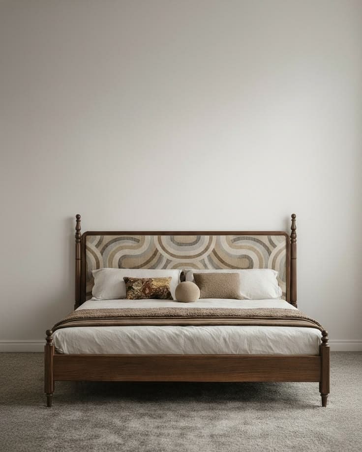 A modern wooden bed frame featuring an upholstered headboard with a distinctive curvilinear pattern in neutral tones and four turned wooden posts. — 3D model