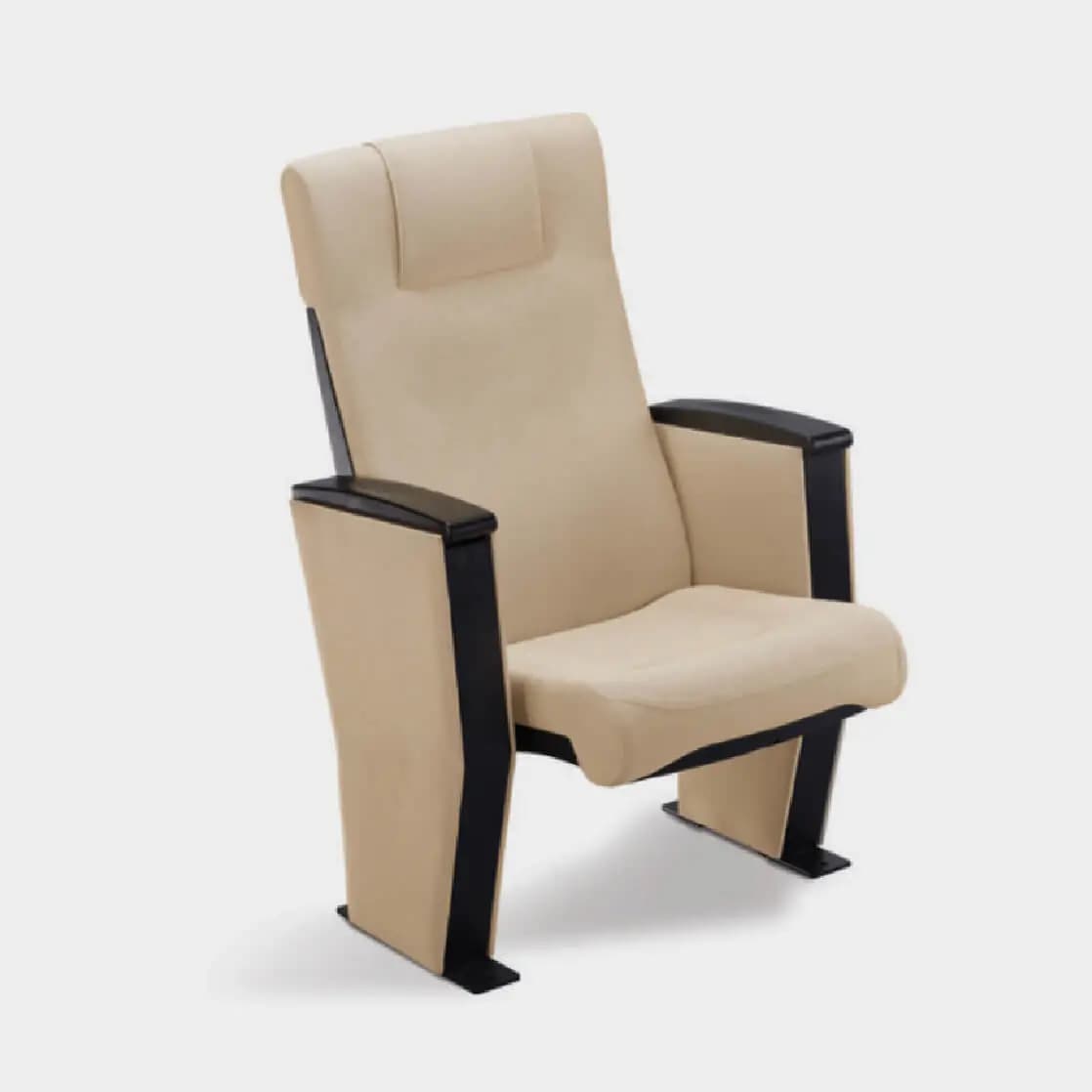 A modern, high-backed auditorium or theater chair featuring beige or cream-colored fabric upholstery. The chair has a fixed design with integrated, padded armrests finished in a dark, possibly wood or laminate, material. The frame elements, including the side panels and base, are also in a dark, contrasting color, suggesting robust construction for public or institutional use. A distinct padded headrest is incorporated into the high back. — 3D model