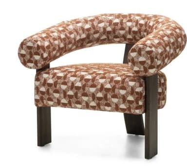 A contemporary armchair featuring a curved, padded backrest that extends into armrests. The seat is also padded and supported by four dark wooden legs. The upholstery displays a geometric pattern in brown and white. — 3D model