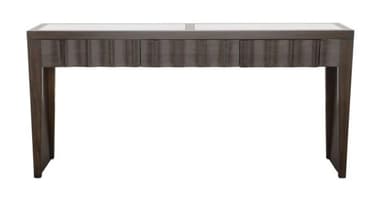 A long, narrow console table with a dark wood frame and a marble top. The top is divided into two rectangular sections of white marble with gray veining. The front apron of the table features a decorative carved pattern with scalloped edges. The table has two legs at the front and a solid panel support at the back, suggesting it is designed to be placed against a wall. — 3D model