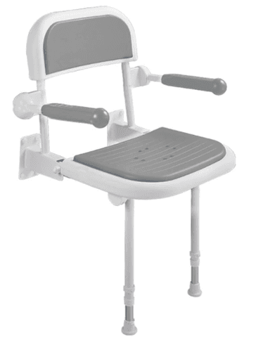 A wall-mounted foldable shower chair featuring a white frame with gray padded seat, backrest, and armrests, designed for accessibility. — 3D model