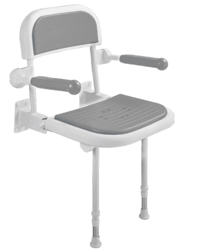 A wall-mounted foldable shower chair featuring a white frame with gray padded seat, backrest, and armrests, designed for accessibility. — 3D model