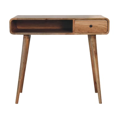 A mid-century style console table crafted from solid wood with a natural finish. It features a main body with softly rounded edges, containing one open rectangular compartment and one pull-out drawer with a circular black knob. The table stands on four slender, tapered, and slightly splayed legs. — 3D model
