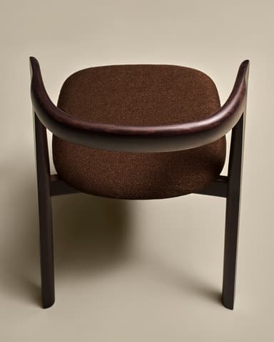 A modern dining chair with a dark wood frame and a fabric-covered seat. The chair features a curved backrest that extends into the rear legs, and the front legs are straight and angled. The seat is upholstered in a textured brown fabric. — 3D model