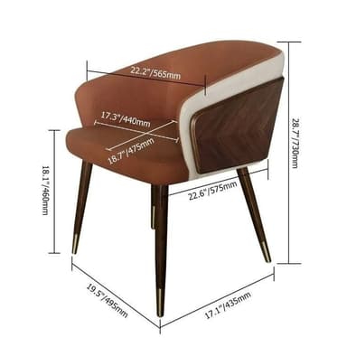 A contemporary armchair featuring a gently curved, upholstered silhouette. The main body of the chair, including the seat, backrest, and integrated armrests, is covered in a warm brown or tan fabric or leather. A lighter, cream-colored fabric or piping outlines the backrest and armrests, providing a subtle contrast. The most distinctive feature is the outer back panel, which is made of dark wood veneer arranged in a prominent chevron pattern. The chair is supported by four slender, tapered wooden legs finished with elegant brass or gold-toned caps at their feet. — 3D model