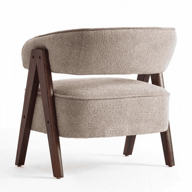 A contemporary upholstered armchair featuring a curved backrest and seat cushion, both covered in a beige (taupe) material, likely faux leather or PU. The chair is supported by an exposed dark wood frame, with splayed, angled legs connected to the backrest in a V-shape configuration. The design is modern with a nod to mid-century aesthetics. — 3D model