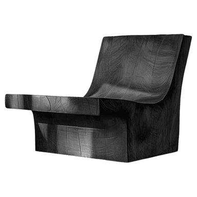 A sculptural lounge chair crafted from dark, textured wood with a monolithic and angular design, featuring a high back and integrated armrests. — 3D model