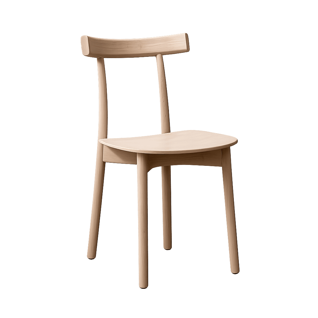 A light-toned solid wood chair with a minimalist design, featuring a curved backrest and a sculpted seat, supported by four tapered legs. — 3D model