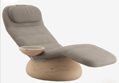 A modern reclining chaise lounge featuring a taupe upholstered seat with integrated padding, a distinct headrest cushion, and a unique light-toned wooden spherical swivel base. An integrated wooden cup holder/storage bowl is present on the side, supported by a metal bracket. — 3D model