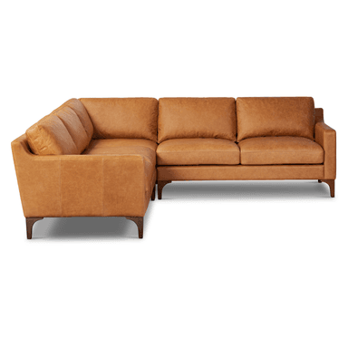 An L-shaped sectional sofa upholstered in tan or cognac-colored leather, featuring multiple seat and back cushions and supported by dark-finished, tapered wooden legs. — 3D model