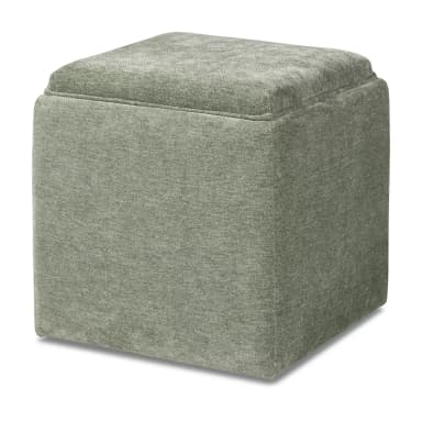 A square, cube-shaped ottoman fully upholstered in a textured sage green fabric, featuring a removable top that conceals an internal storage compartment. — 3D model