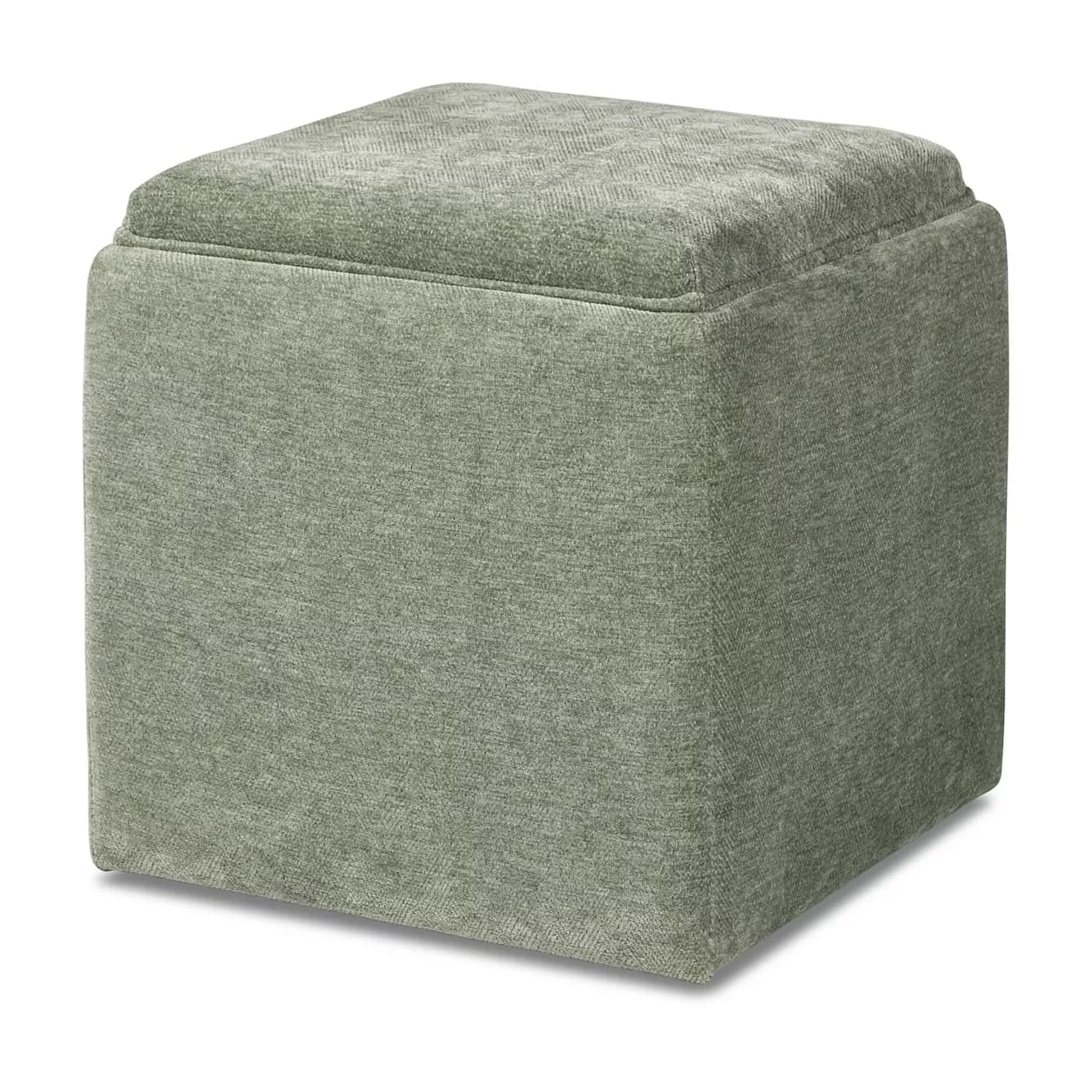 A square, cube-shaped ottoman fully upholstered in a textured sage green fabric, featuring a removable top that conceals an internal storage compartment. — 3D model