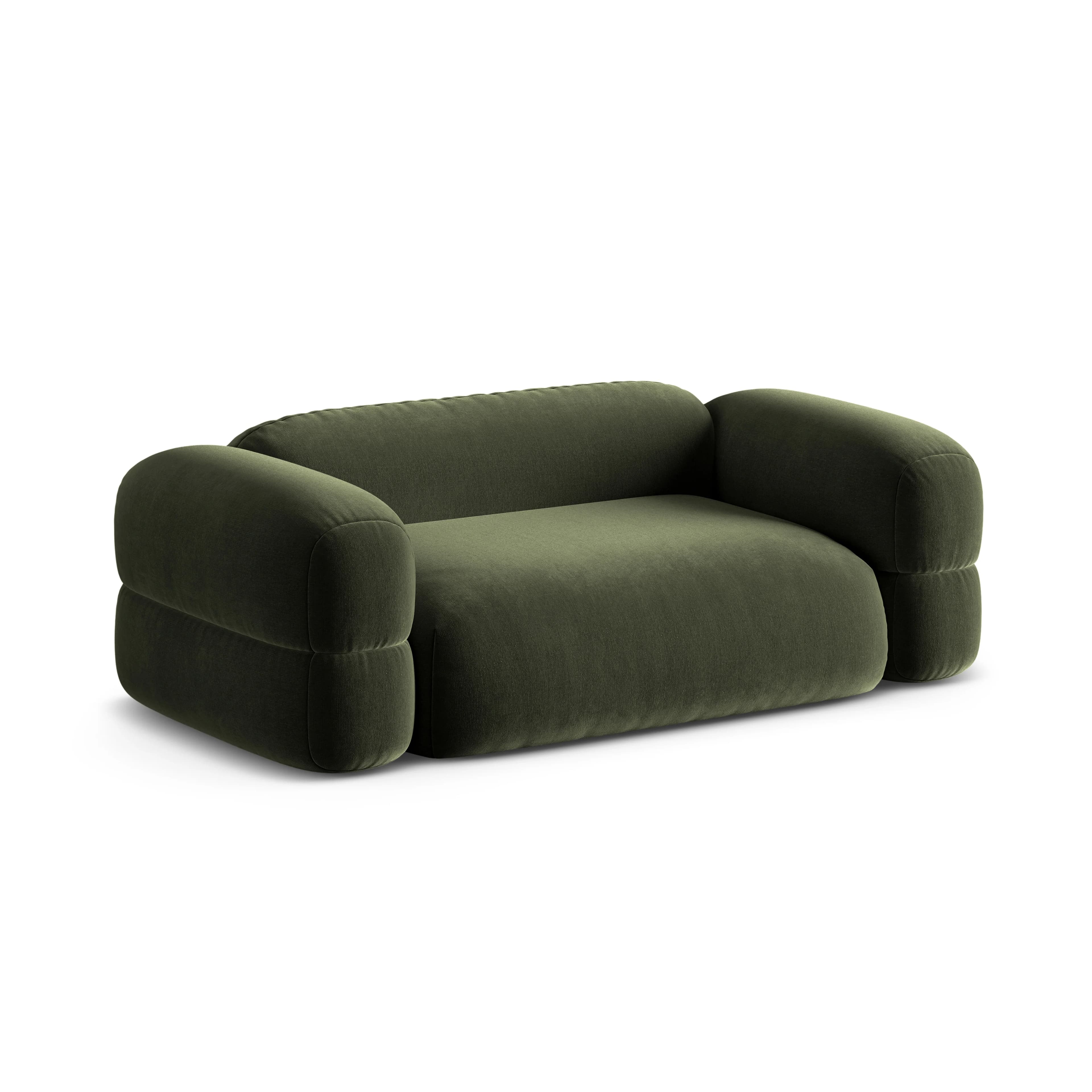 A contemporary loveseat upholstered in a dark olive green fabric, possibly velvet or chenille. The design features heavily rounded and soft forms for the backrest, seat cushion, and armrests, giving it a plump and inviting appearance. It has a low profile, with no visible legs, contributing to its modern, minimalist aesthetic. — 3D model