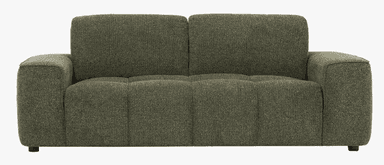A contemporary two-seater loveseat upholstered in a textured olive green boucle-style fabric, featuring clean lines, block track arms, and a distinctive channeled seat cushion design. — 3D model