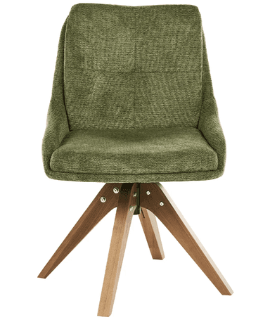 An upholstered accent chair featuring a swivel function and a splayed wooden base. The chair's bucket-style seat and backrest are covered in a textured olive green fabric, with subtle button tufting on the back. The four-legged base is constructed from light-toned wood, with each leg splaying outwards, and is connected to the seat by a black metal swivel mechanism with visible silver hardware. — 3D model